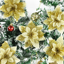 Carregar imagem no visualizador da galeria, 10 peças de flores artificiais de poinsétia com glitter, ornamentos de árvore de Natal
