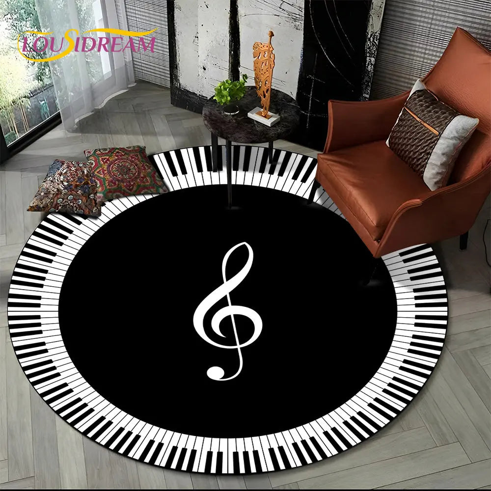 Tapete Redondo Antiderrapante com Estampa Colorida Teclas de Piano e Símbolos 150cm