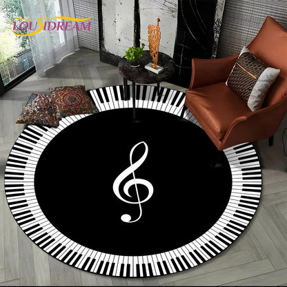 Tapete Redondo Antiderrapante com Estampa Colorida Teclas de Piano e Símbolos 150cm