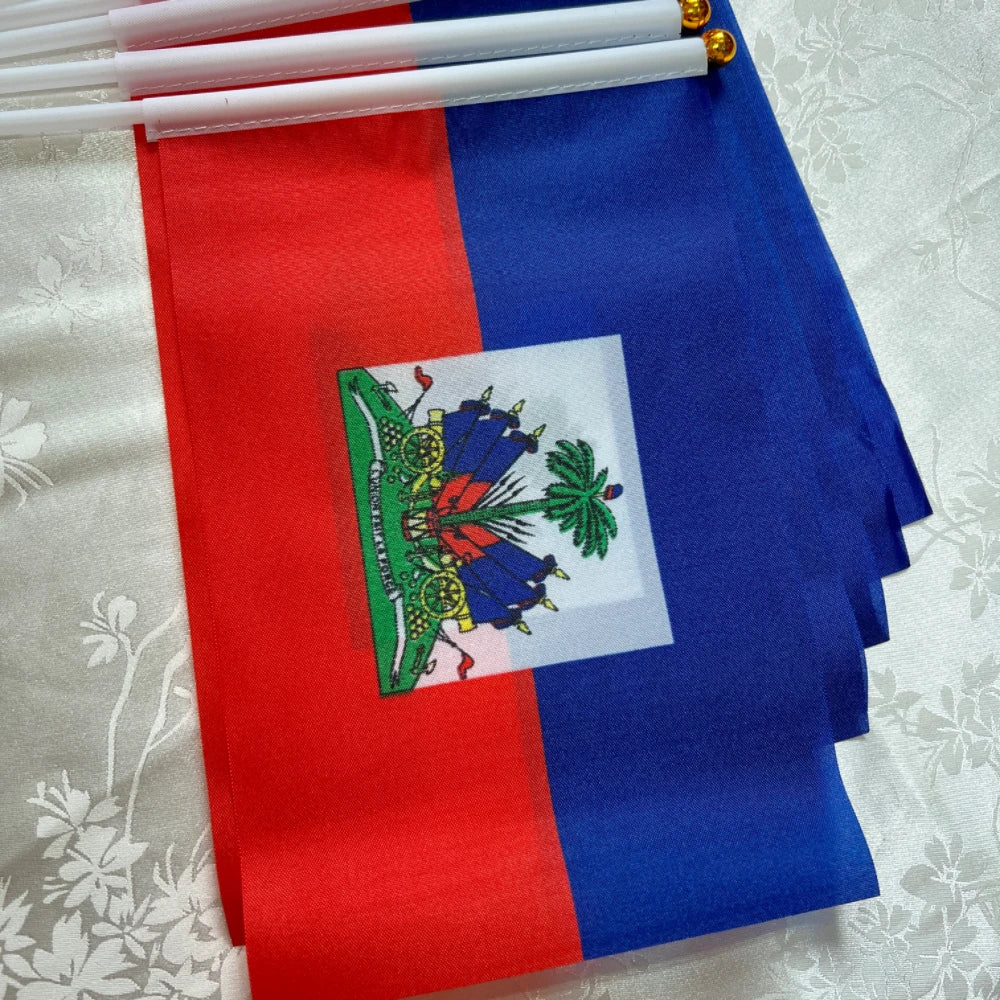 Copa do Mundo Pacote com 20 mini bandeiras do Haiti pequenas de mão, bastão haitiano