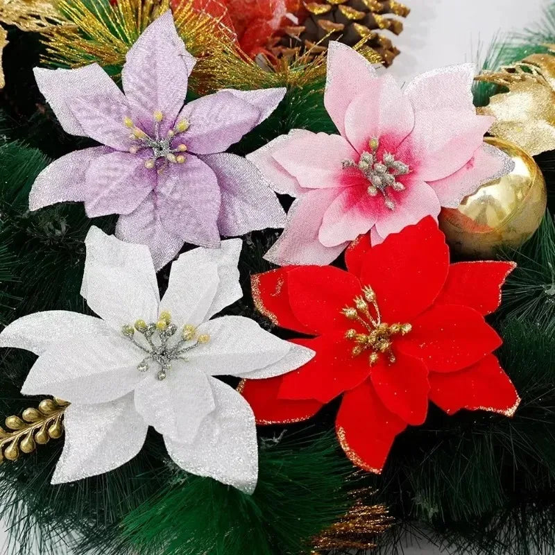 Flores Natal Glitter Artificial 10/100 peças de Enfeite de Árvore de Natal de Poinsétia Glitter