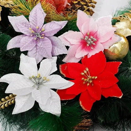 Flores Natal Glitter Artificial 10/100 peças de Enfeite de Árvore de Natal de Poinsétia Glitter