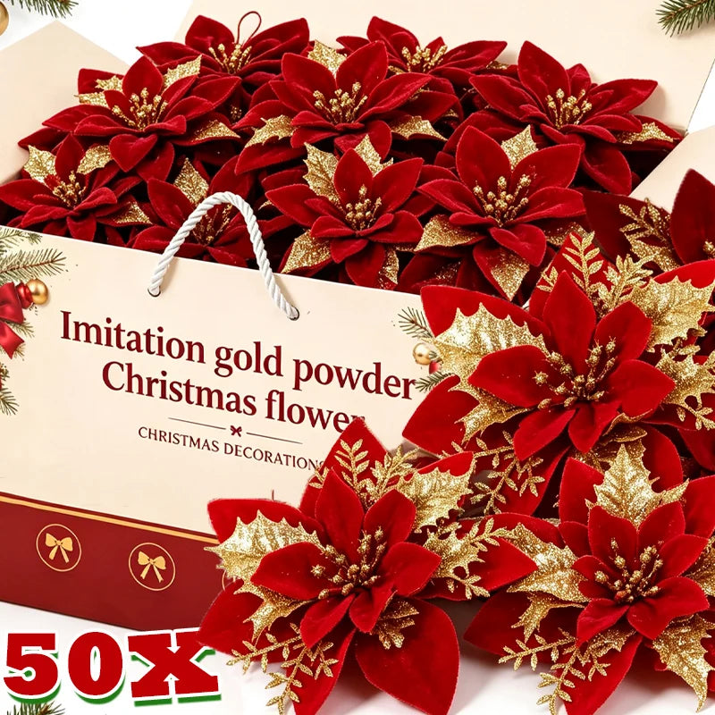 Flor Vermelha Natalina com Glitter  Flores Natal Artificiais Glitter de 14 cm, 5/10/20/50 Peças