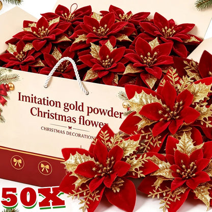 Flor Vermelha Natalina com Glitter  Flores Natal Artificiais Glitter de 14 cm, 5/10/20/50 Peças