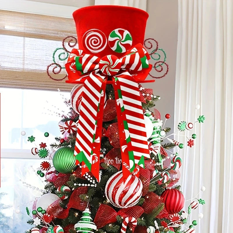 Ponteira Decorativa Árvore de Natal, Enfeite de Árvore Natalina Chapéu Vermelho com Bengalas