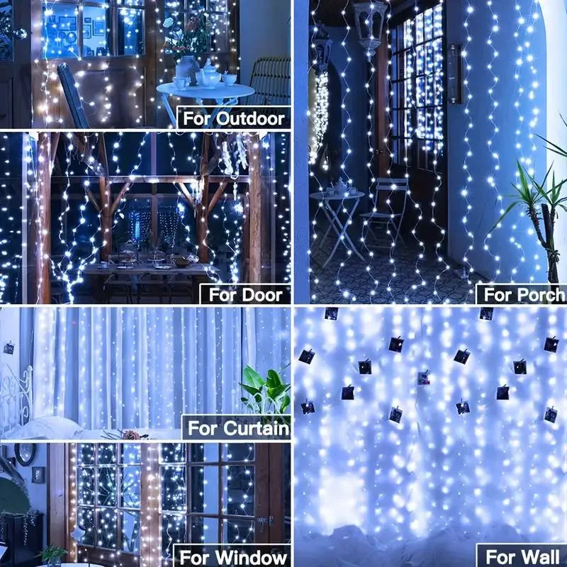 Cortina luz led pisca ou fixa 300 leds 3x3m Natal Festas Decorações USB  (Branco frio)