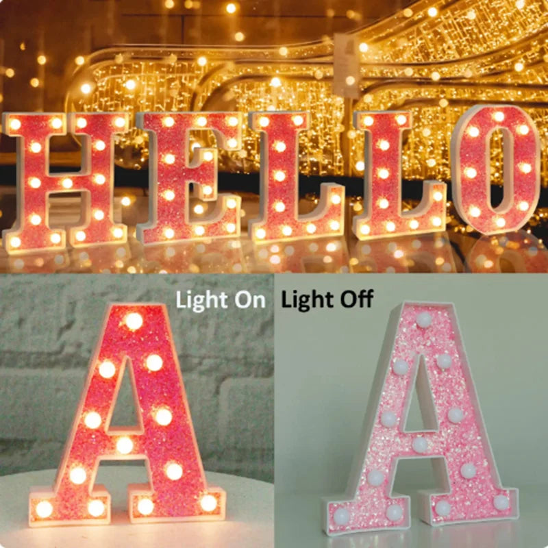 Letra de LED para letreiro de letreiro, letras rosa iluminadas com glitter alfabeto letrado