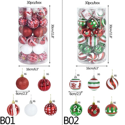 30 peças de enfeites de bolas de Natal, bolas de Natal vermelhas verdes e brancas