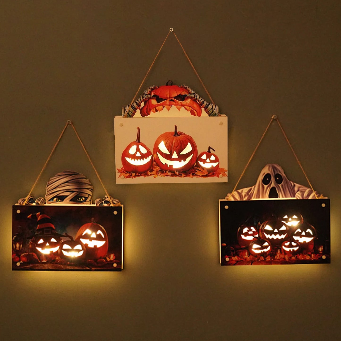 Decorações de placas de suspensão Happy Halloween, luz de LED, fantasma abóbora