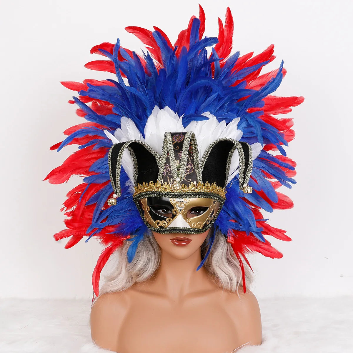 Máscara Veneziana Arlequim com Penacho de Plumas Pretas (Máscara de Bobo da Corte / Carnaval Veneziano)