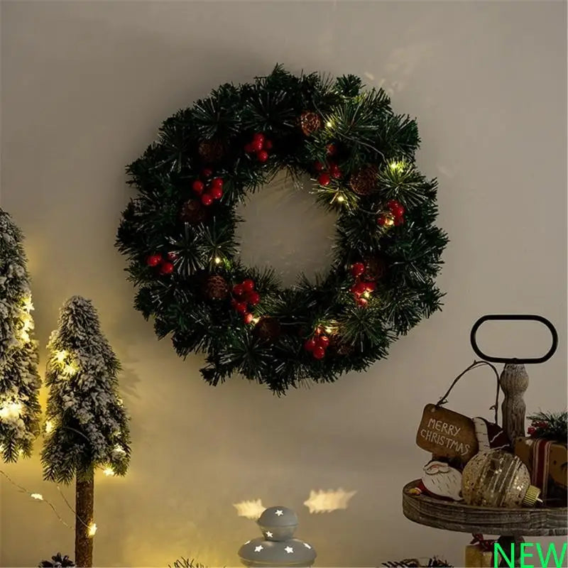 Guirlandas De Natal Verde 40cm Aramado Para Porta Verde-escuro com luz LED