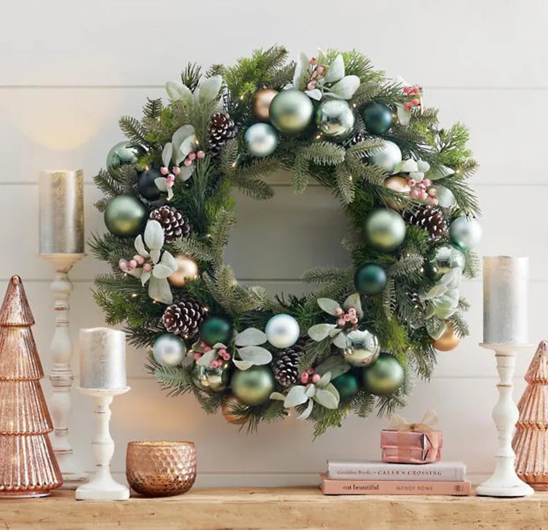 Guirlanda de Natal pré-iluminada de 50 cm para decoração de porta da frente com enfeites