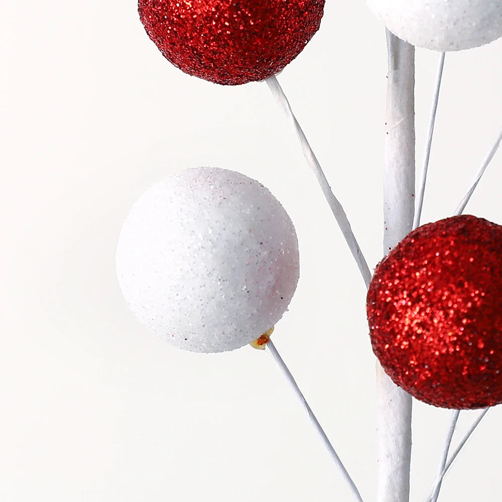 Buquê Bolas Listradas Natal, Palitos de Lã Vermelhos e Brancos, Lantejoulas para Árvore