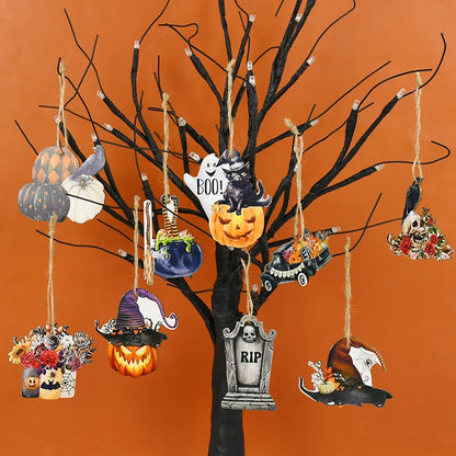Pingente Teto Madeira Halloween 36 Enfeites de Madeira Árvore de Halloween Enfeites
