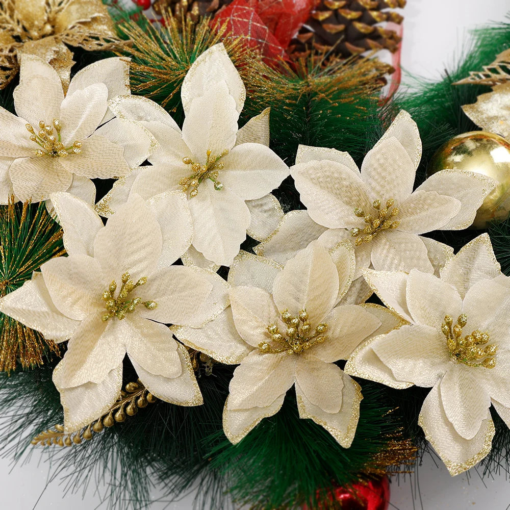Flores Natal Glitter Artificial 10/100 peças de Enfeite de Árvore de Natal de Poinsétia Glitter