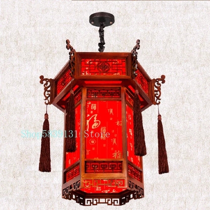 Luminária pendente de lanterna de madeira vermelha estilo chinês, abajur retrô