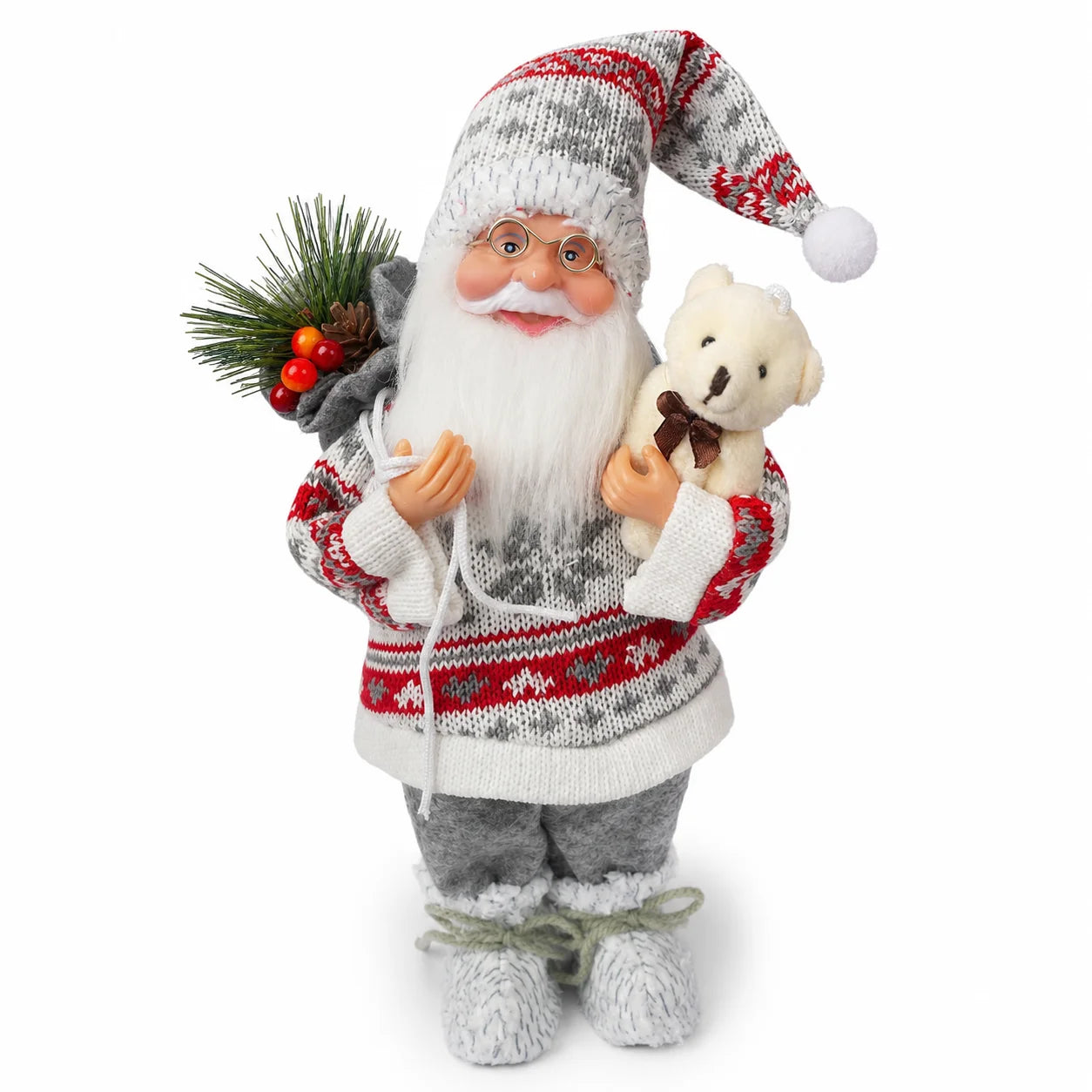 Papai Noel de Urso (Vermelho e Cinza) Enfeite de Natal Papai Noel Pé, Decoração Plástico
