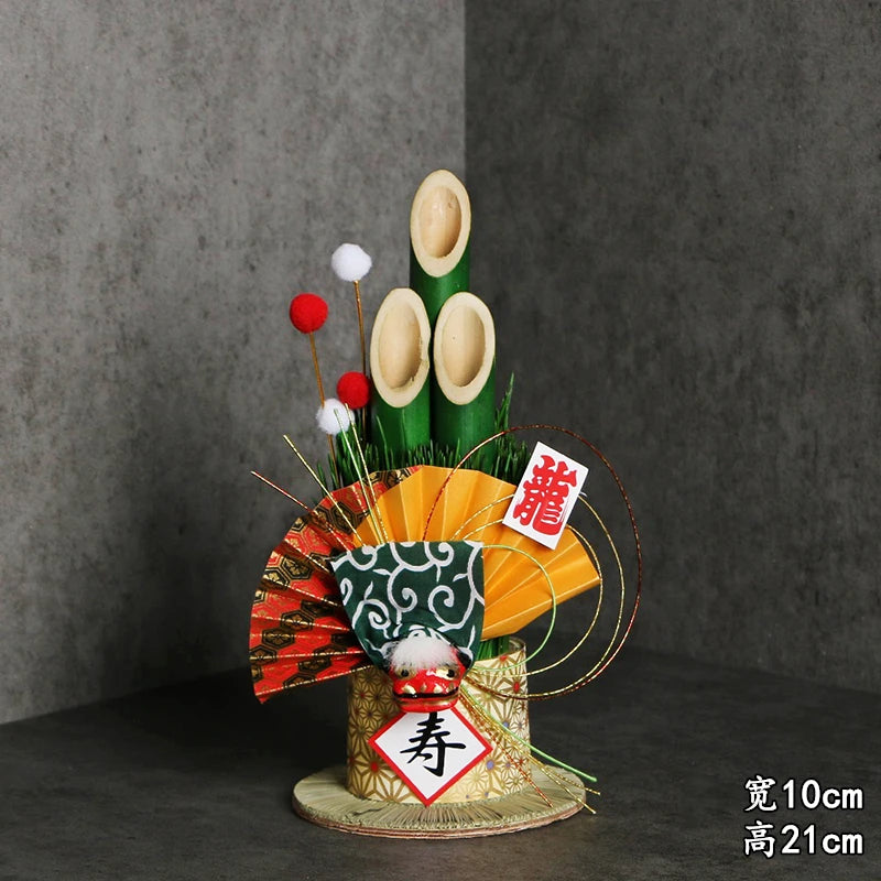 Vaso Três Tubos Leque Dourado com Placa de Madeira, Adorno de Mesa de Ano Novo Japonês (Kadomatsu)