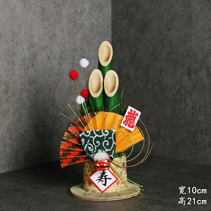 Vaso Três Tubos Leque Dourado com Placa de Madeira, Adorno de Mesa de Ano Novo Japonês (Kadomatsu)
