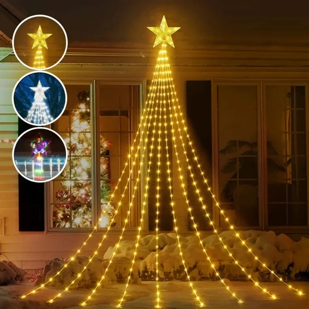 Corda Natal cachoeira com estrela 300 LED, penduradas 40 cm, cortina estrela