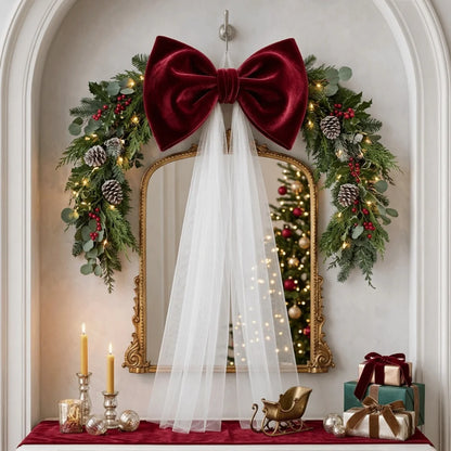 Laço de Veludo com Cauda Longa em Tule/Organza, Ornamento para Árvore de Natal e Shopping