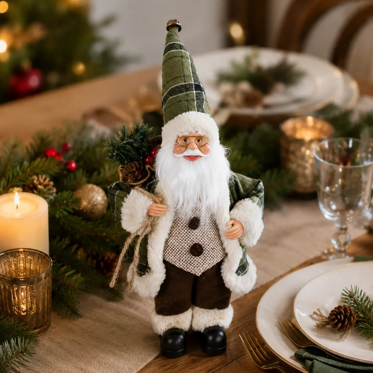 Papai Noel Decorativo de Mesa Verde com Pinheiro e Sacola Presente de 30cm*11.81 Pol.