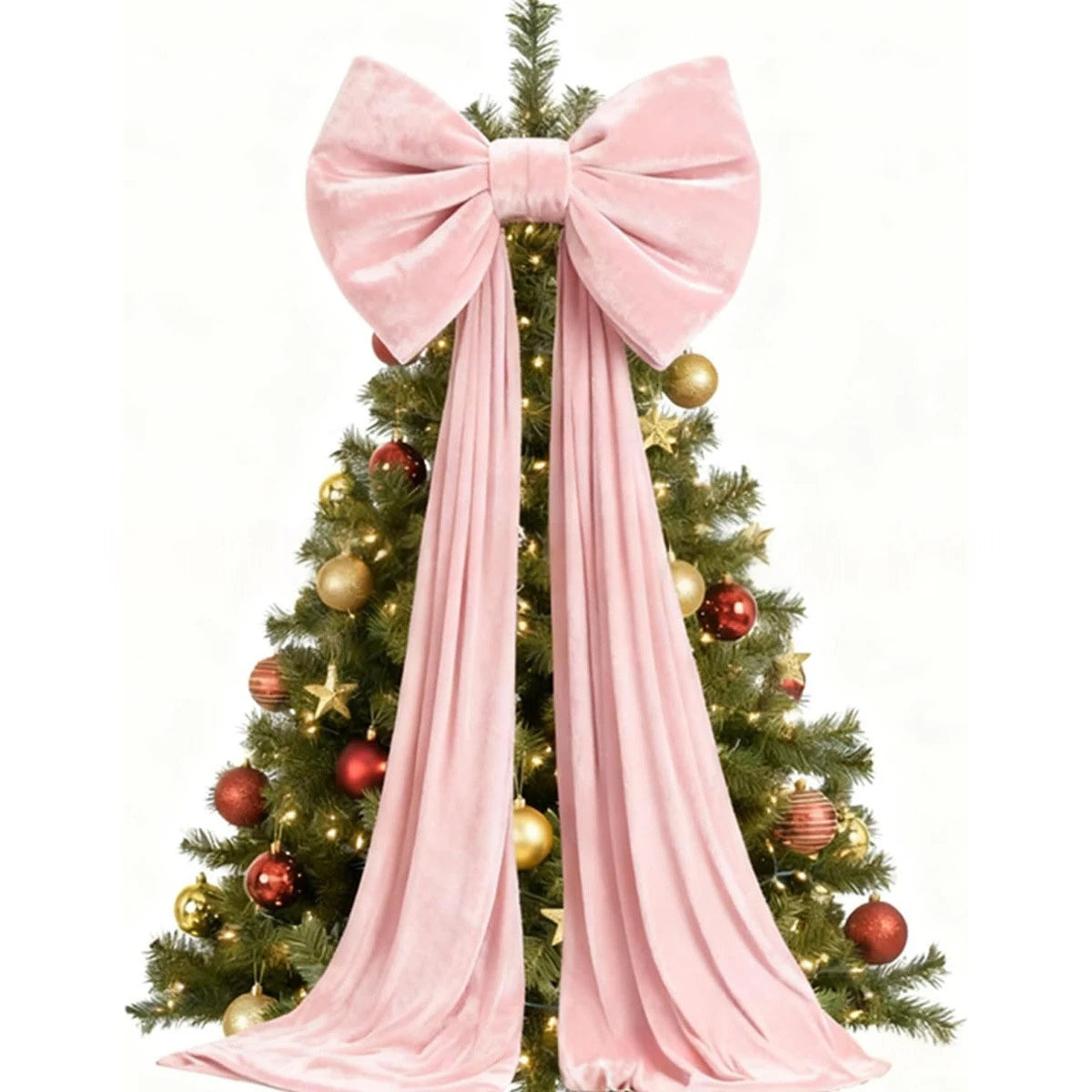 Laço Vermelho Gigante para Shopping, Laço de Natal Gigante de Veludo para Topo de Árvore Rosa e Branco