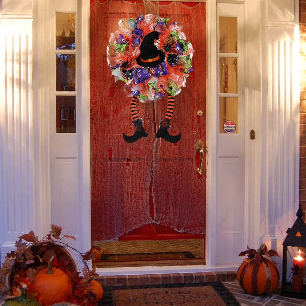 Guirlanda de Halloween de bruxa feliz, decoração de porta de abóbora com pernas