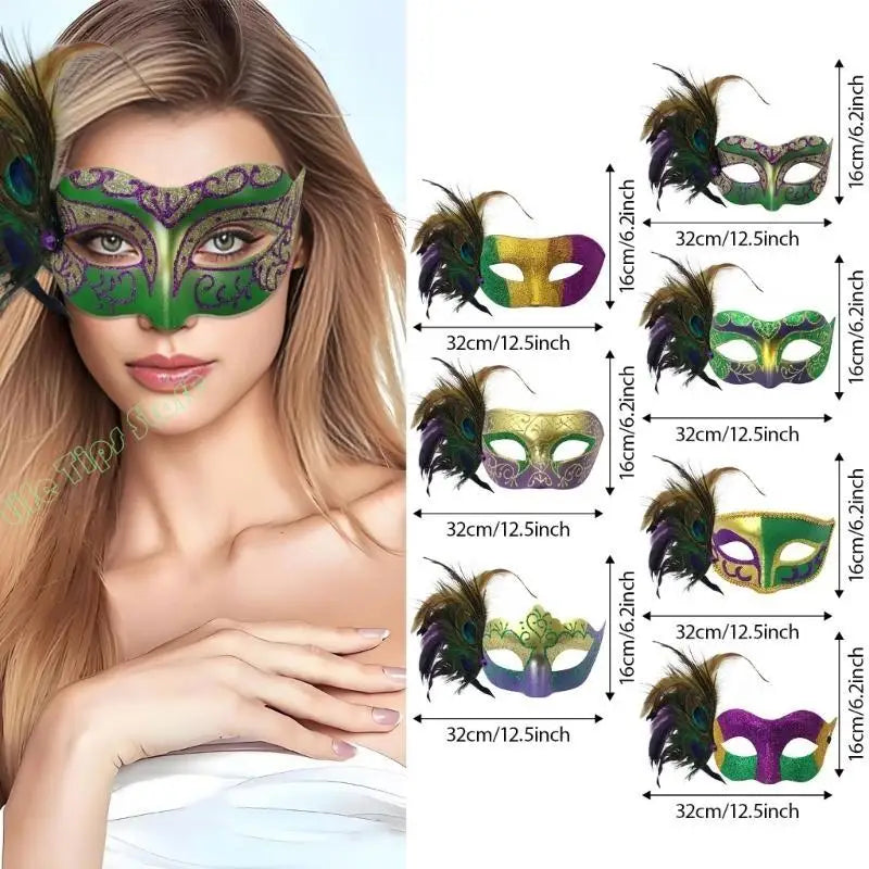 Máscara de Baile de Carnaval Estilo Veneziano Carnaval Enfeitada com Glitter nas Cores Verde, Dourado e Roxo