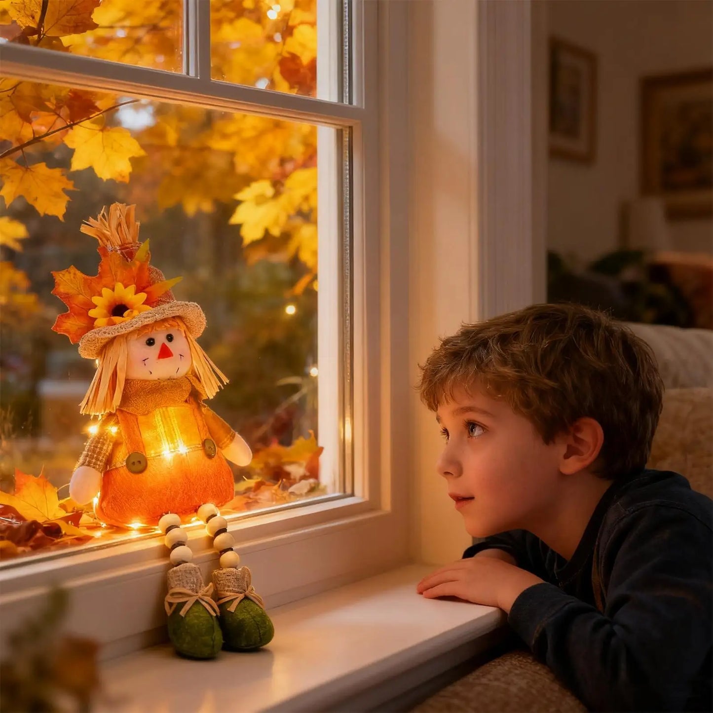 Boneco de Festa Junina Espantalho de pelúcia iluminado de 38 cm com pernas penduradas