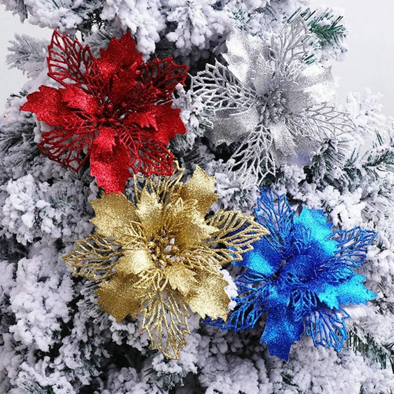 10 Peças de flores artificiais de poinsétia com glitter de Natal, decorações de flores