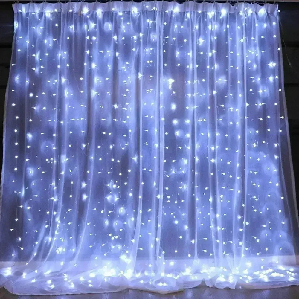 Cortina luz led pisca ou fixa 300 leds 3x3m Natal Festas Decorações USB  (Branco frio)