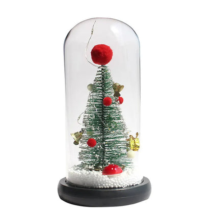 Mini Árvores de Natal Decoradas com Luzes LED em Cúpulas Vidro (Cápsulas Eternas), Posicionadas Base Clara