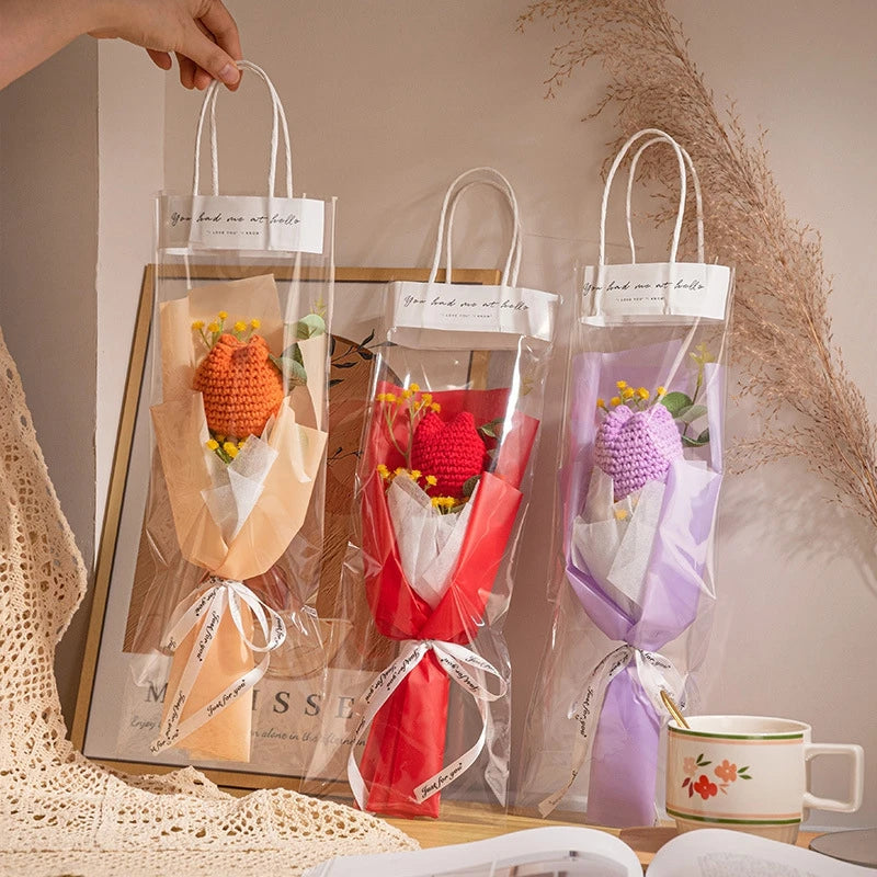 Kit completo de buquê de crochê de LED feito à mão, buquê de crochê, flor folhada falsa