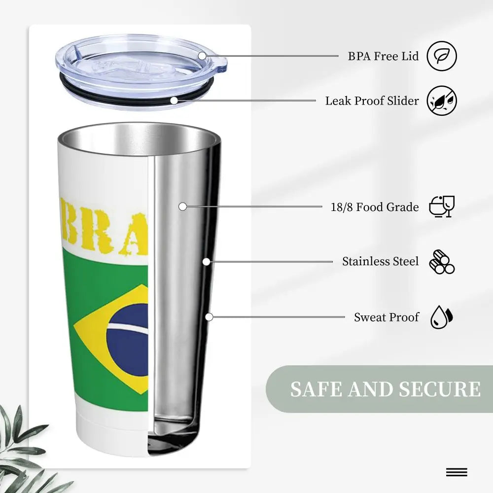 Copo térmico de 590 ml com tampa e canudo, com estampa bandeira brasileira, isolamento
