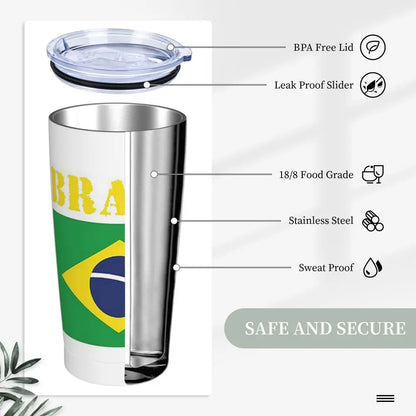 Copo térmico de 590 ml com tampa e canudo, com estampa bandeira brasileira, isolamento