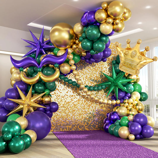 Kit de arco de guirlanda de balões de carnaval, 130 peças, ouro verde roxo balões