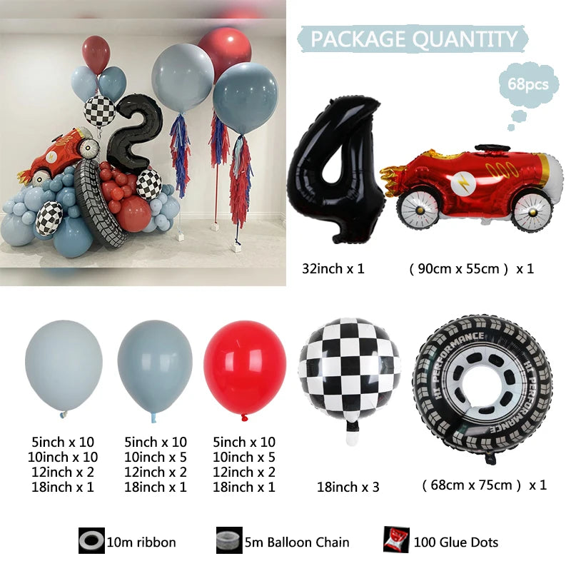 Kit Festa Hot Wheels 68 balões metalizados quadriculados vermelhos e brancos em formato