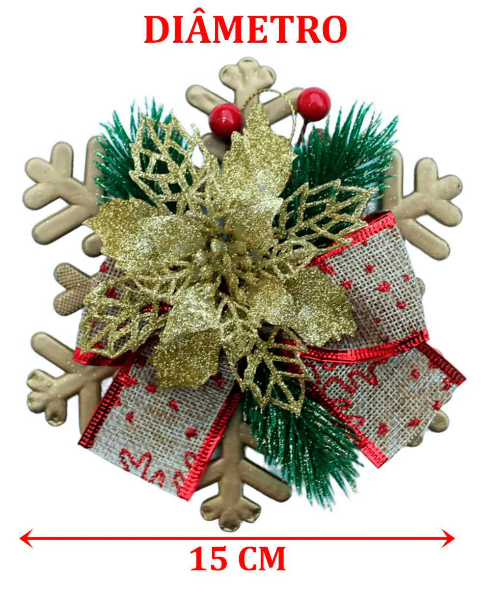 Enfeite Pendente Natalino Laço Arranjo Decoração Natal 15cm Flor Dourado Árvore Natal