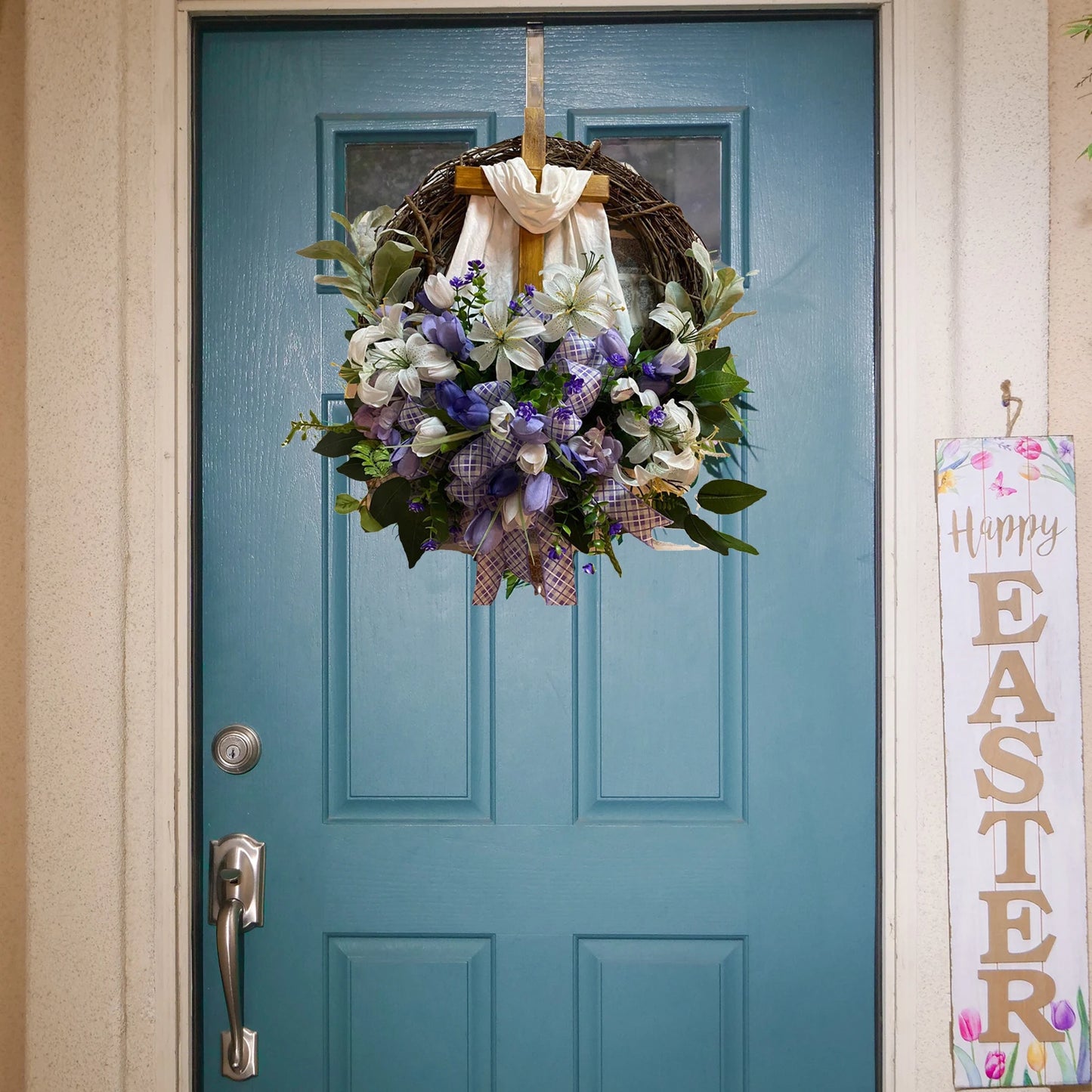 Guirlanda Religiosa Páscoa Guirlanda Cruz Sagrada Flores Decoração Enfeite Páscoa 45cm