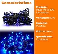 Carregar imagem no visualizador da galeria, Pisca LED Cordão 9m Natal 100 Leds  127V Fio Escuro COR AZUL
