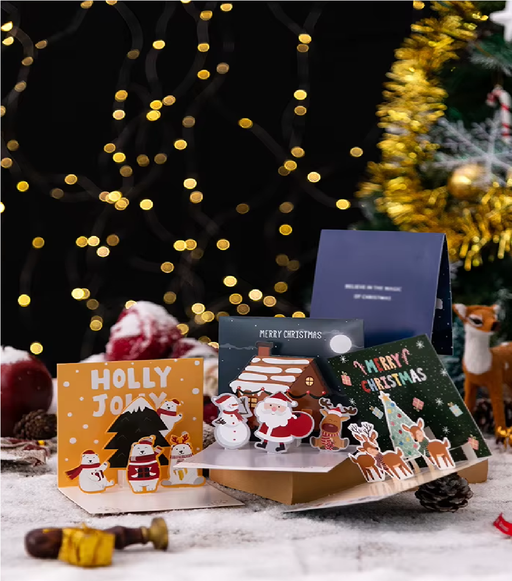 Cartões de Natal pop-up, design de árvore de Natal, cartão de feliz Natal e cartão