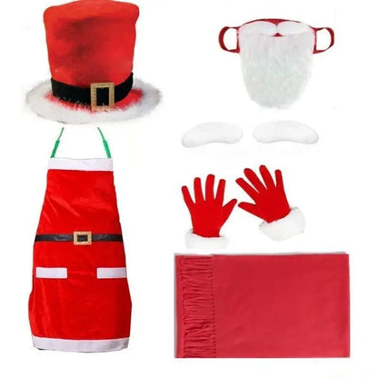 Kit Fantasia Papai Noel Adulto Com Avental E Óculos - 7 Peças, Avental Papai Noel Natalino Com Barba Gorro