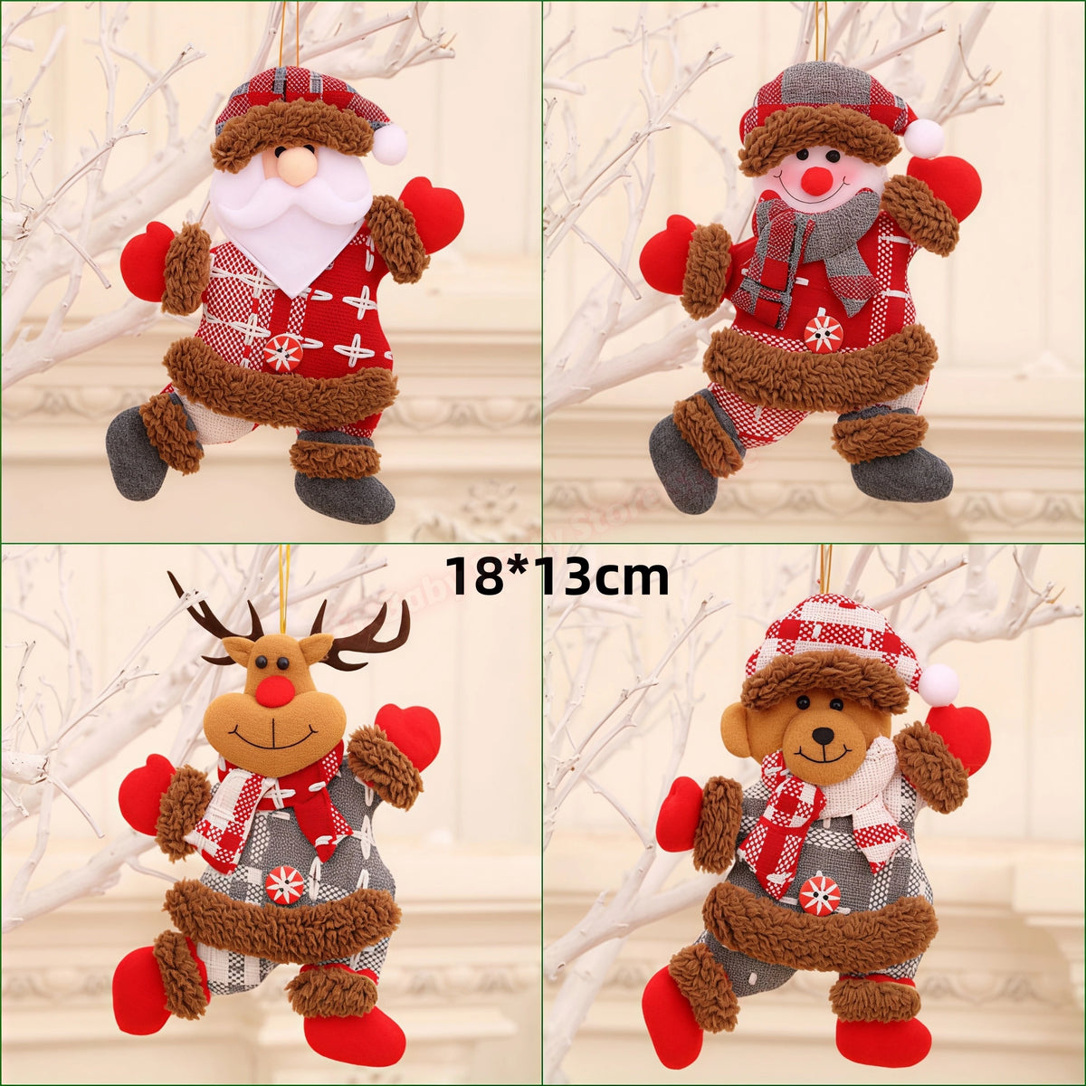 Kits Enfeites Natal Pelúcia Papai Noel e Neve Rena e Urso com Roupinha Verde e Vermelho