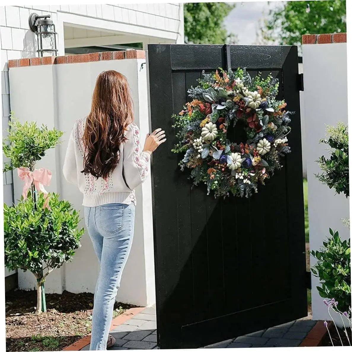 Coroa de outono para porta da frente de 45,7 cm, guirlanda de folhas de cordeiro