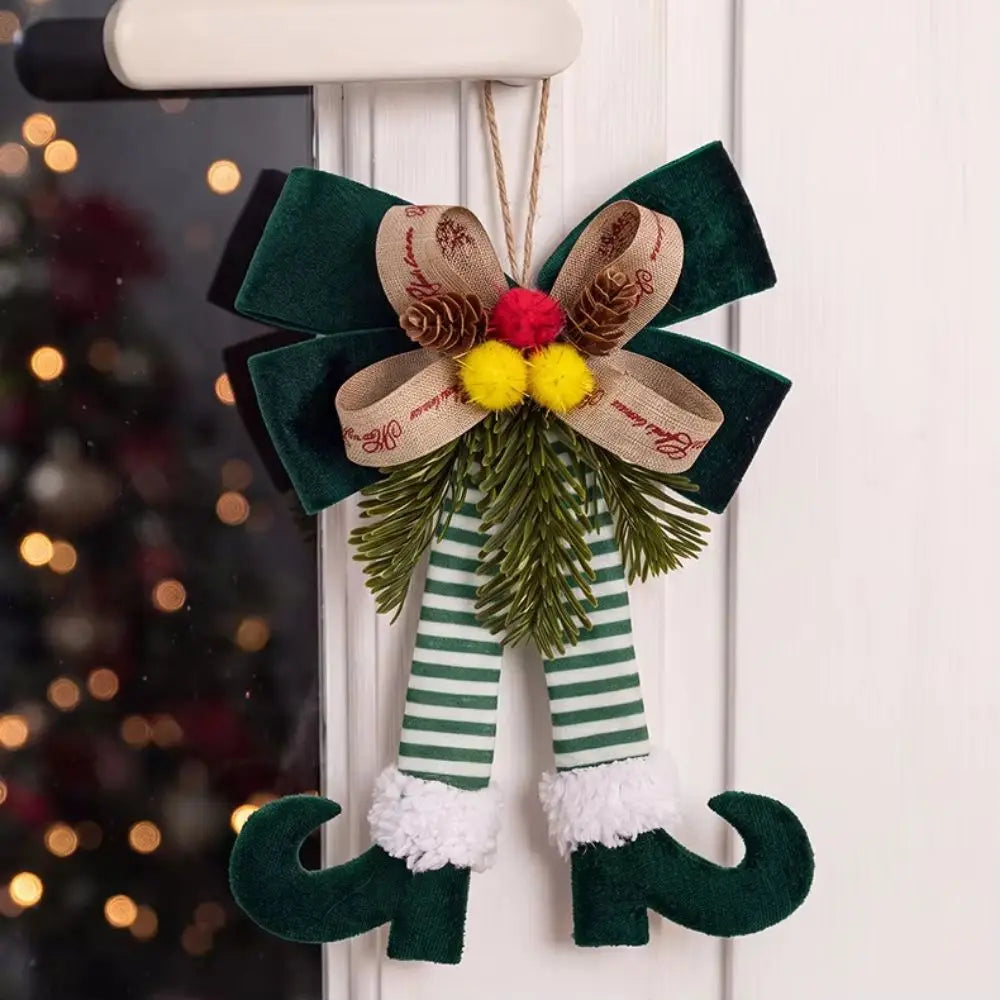 Enfeite Natalino de Pernas de Elfo com Laço e Pinha, Ideal para Pendurar em Árvores de Natal, Portas, Janelas