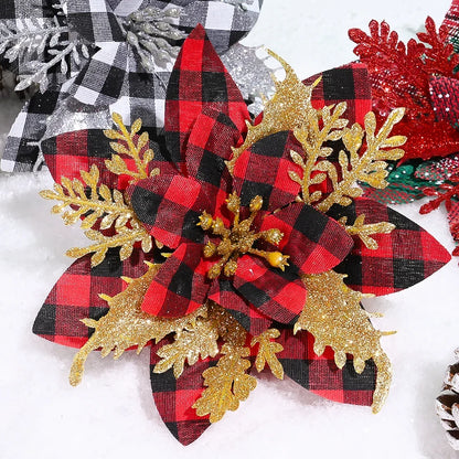 Flor de Poinsétia Artificial Xadrez para decoração de Natal, Tamanho: Cerca de 14 cm a 14,5 cm de largura.