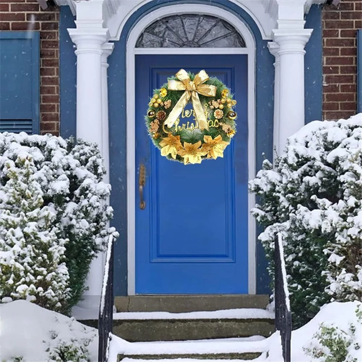Guirlanda de Natal artificial, guirlanda de porta de entrada feita à mão com laço dourado