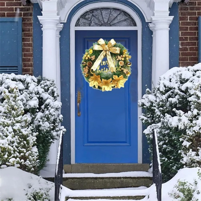 Guirlanda de Natal artificial, guirlanda de porta de entrada feita à mão com laço dourado