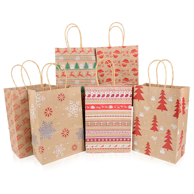 Kit de Sacolas Kraft para Embalagem e Presente - Estampa de Natal - 5 unidades -Natalina